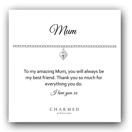 Mum Puffy Heart Bracelet in Sterling Silver 925, Personalised Gift