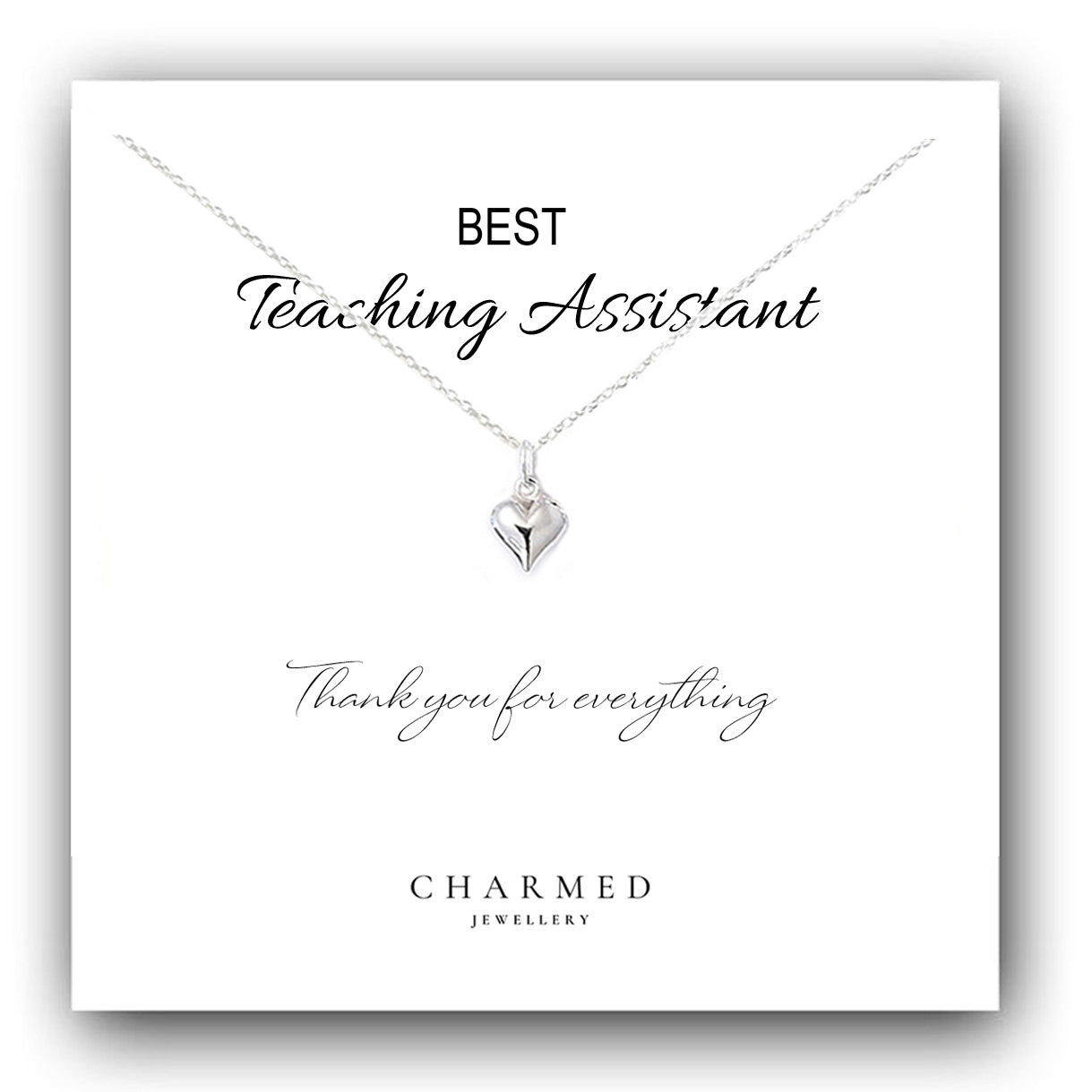 Teaching Assistant Gift, Puffy Heart Necklace in Sterling Silver 925, Personalised Jewellery Gift by Charmed Jewellery