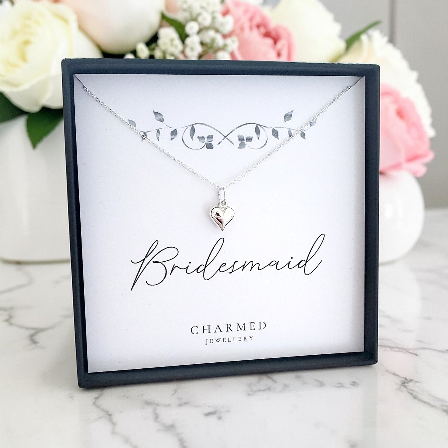 Bridesmaid Puffy Heart Necklace in Sterling Silver 925 | Personalised Jewellery Gift