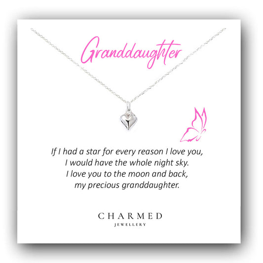 Granddaughter Puffy Heart Necklace in Sterling Silver 925, Personalised Jewellery Gift