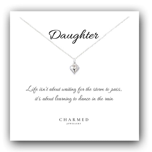 Inspirational Daughter Gift, Puffy Heart Necklace in Sterling Silver 925, Personalised Jewellery