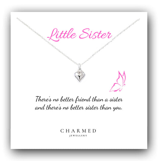 Little Sister Gift, Puffy Heart Necklace in Sterling Silver 925, Personalised Gift