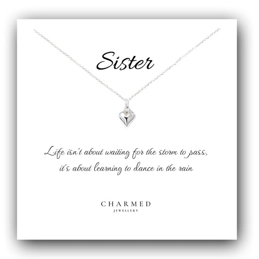 Inspirational Sister Gift, Puffy Heart Necklace in Sterling Silver 925, Personalised Jewellery