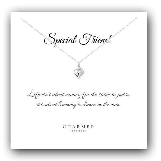 Inspirational Special Friend Gift, Puffy Heart Necklace in Sterling Silver 925, Personalised Jewellery