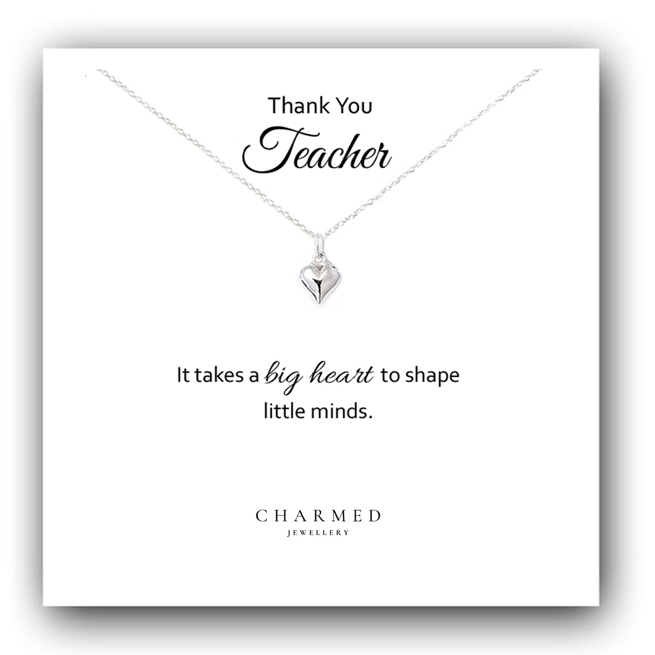 Thank You Teacher Gift, Puffy Heart Necklace in Sterling Silver 925, Personalised Gift