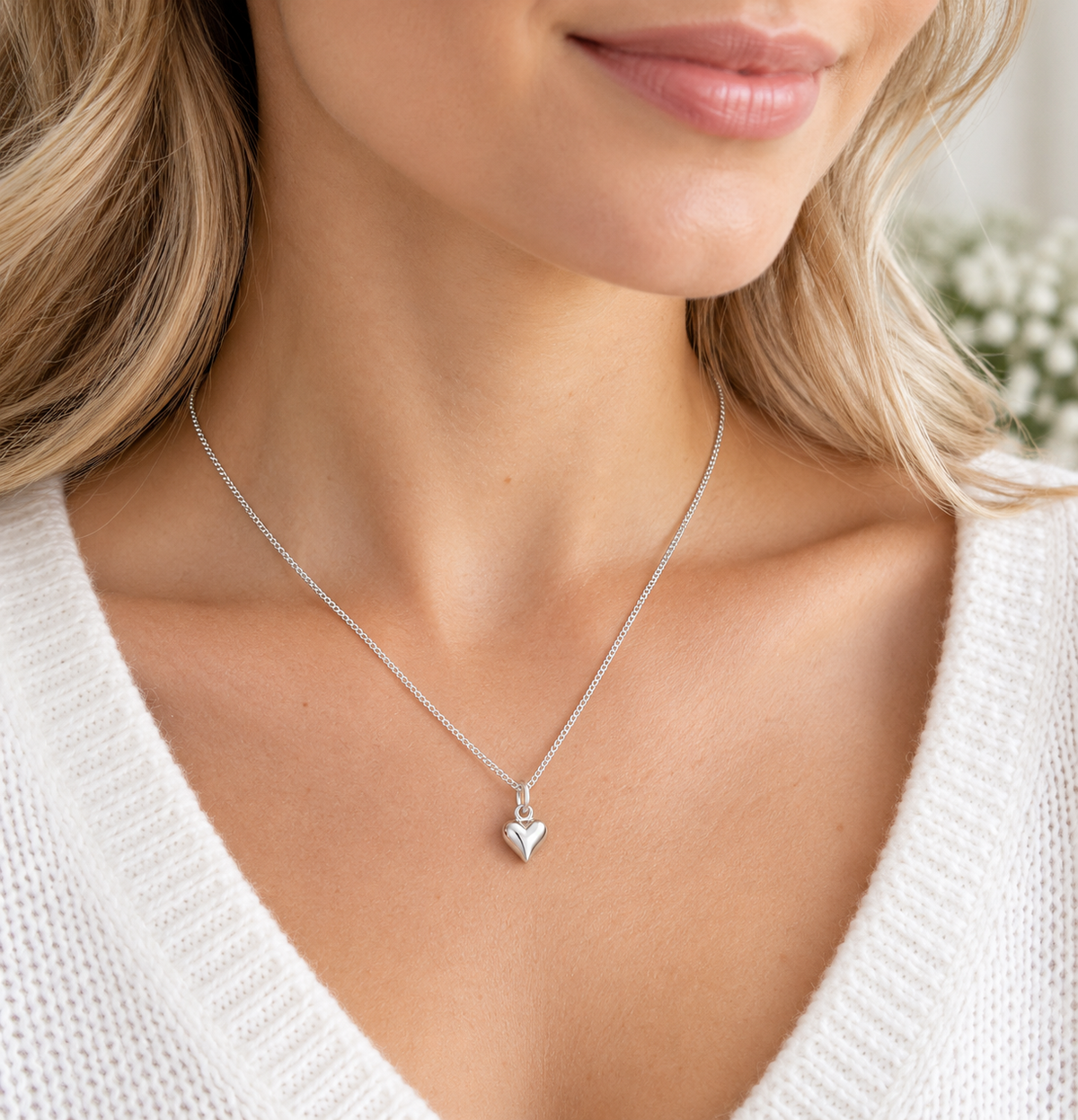 Puffy Heart Necklace in Sterling Silver 925  Worn By Model