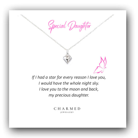 Daughter Puffy Heart Necklace in Sterling Silver 925, Personalised Jewellery Gift