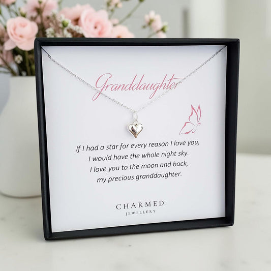 Granddaughter Puffy Heart Necklace in Sterling Silver 925 | Personalised Jewellery Gift