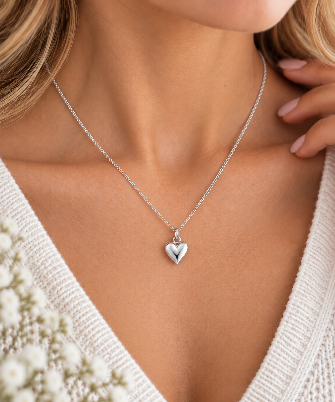 Sterling Silver Puffy Heart Necklace worn by model