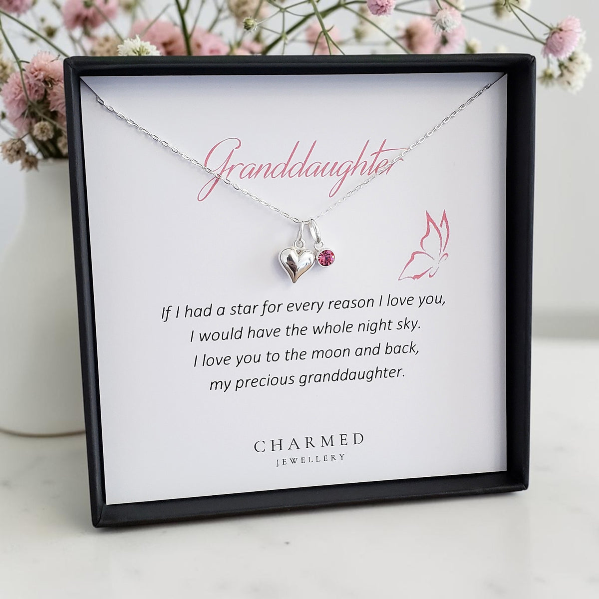 Granddaughter Heart Necklace with Birthstone | Sterling Silver 925 | Personalised Jewellery Gift