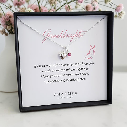 Granddaughter Heart Necklace with Birthstone | Sterling Silver 925 | Personalised Jewellery Gift
