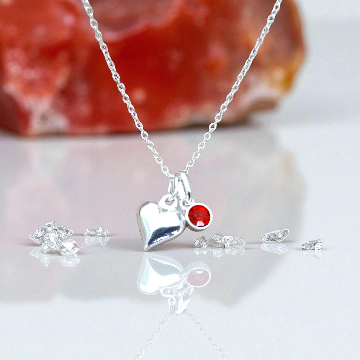 Granddaughter Puffy Heart Birthstone Necklace & Earrings Gift Set in 925 Sterling Silver | Personalised Jewellery Gift