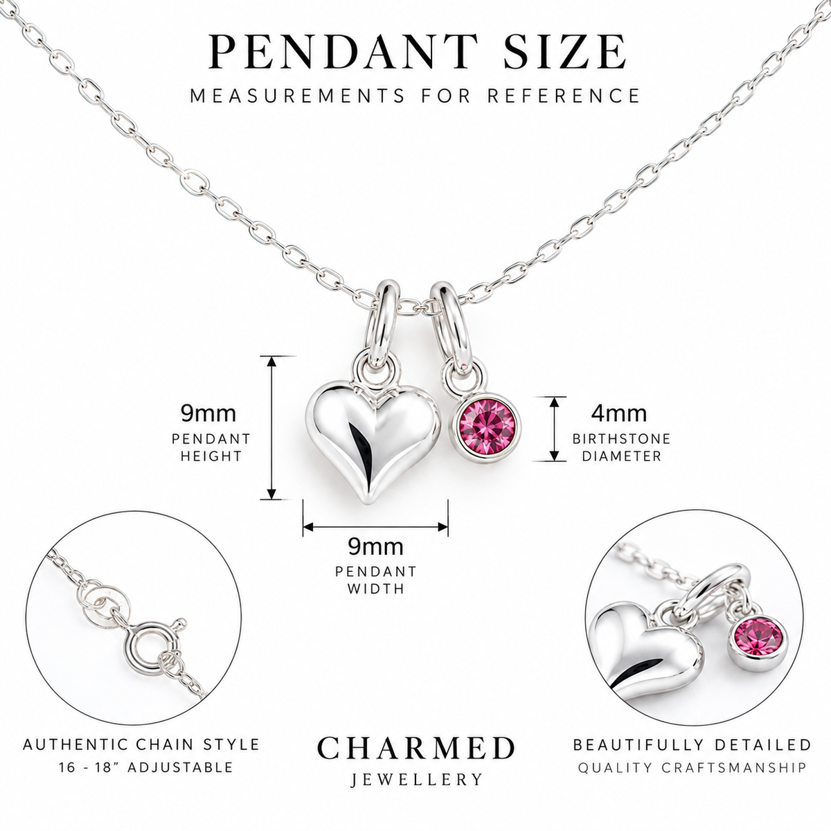 Heart Necklace with Birthstone | Sterling Silver 925 | Measuremants