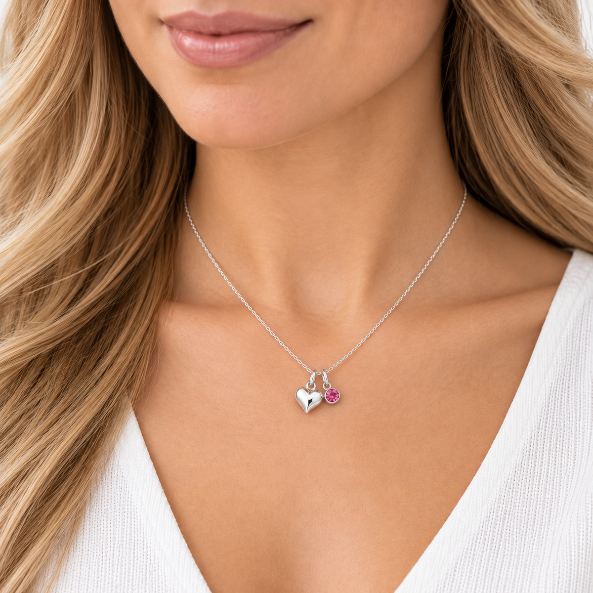 Heart Necklace with Birthstone | Sterling Silver 925 | Personalised Jewellery Gift Worn by Model