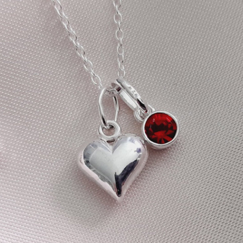 Puffy Heart Necklace with Crystal Birthstone Sterling Silver 925 | Personalised Jewellery