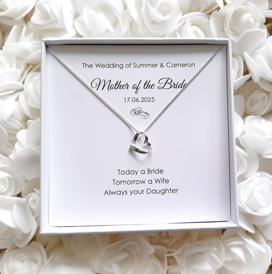 Mother of the Bride Ribbon Heart Necklace in Sterling Silver 925, Personalised Jewellery Gift