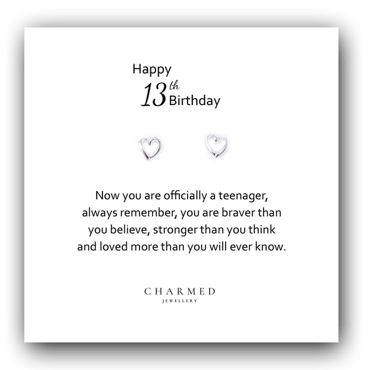 13th Birthday Gift, Heart Stud Earrings Sterling Silver 925, Personalised Jewellery Gift