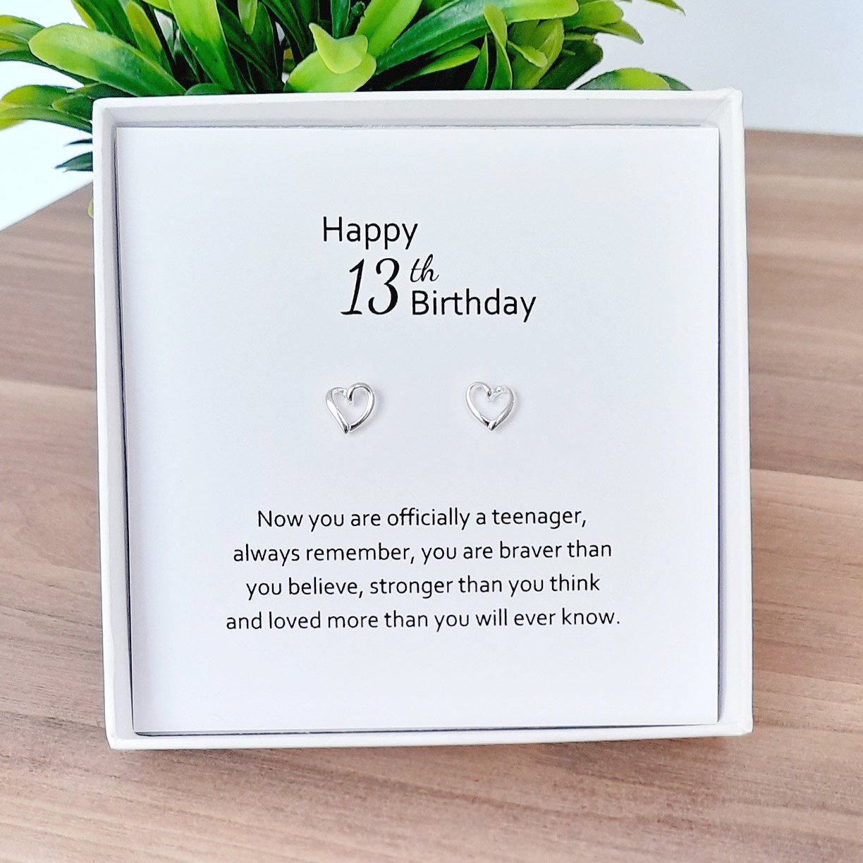 13th Birthday Heart Stud Earrings Sterling Silver 925, Personalised Jewellery Gift