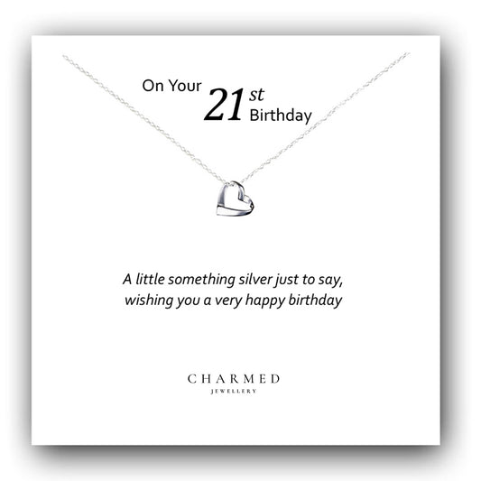 21st Birthday Ribbon Heart Necklace in Sterling Silver 925, Personalised Jewellery Gift