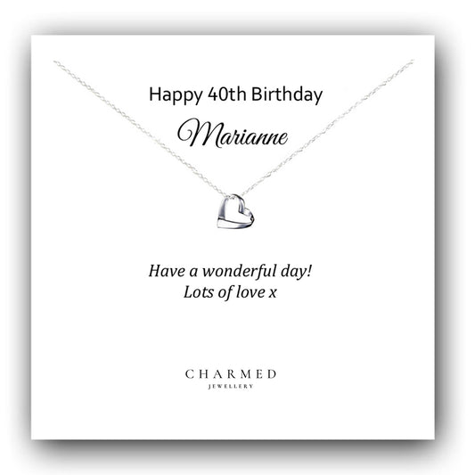40th Birthday Ribbon Heart Necklace in Sterling Silver 925, Personalised Gift