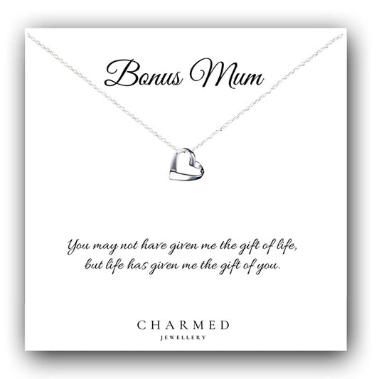 Bonus Mum Ribbon Heart Necklace in Sterling Silver 925 | Personalised Jewellery Gift