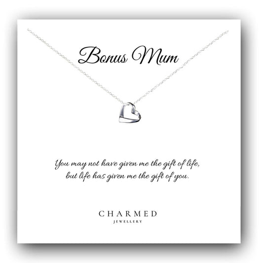 Bonus Mum Ribbon Heart Necklace in Sterling Silver 925, Personalised Gift