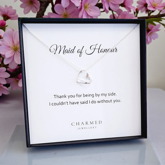 Maid of Honour Gift Ribbon Heart Necklace in Sterling Silver 925 | Personalised Jewellery Gift