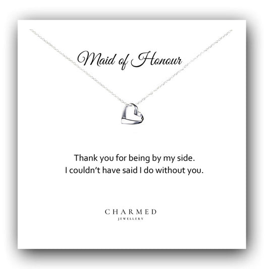 Maid of Honour Gift Ribbon Heart Necklace in Sterling Silver 925, Personalised Gift