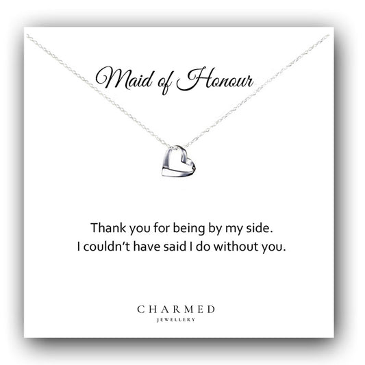 Maid of Honour Gift Ribbon Heart Necklace in Sterling Silver 925 | Personalised Jewellery Gift