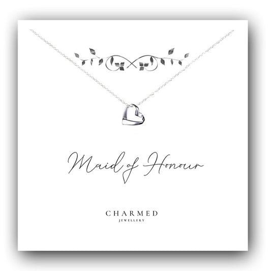 Maid of Honour Gift Ribbon Heart Necklace in Sterling Silver 925, Personalised Gift