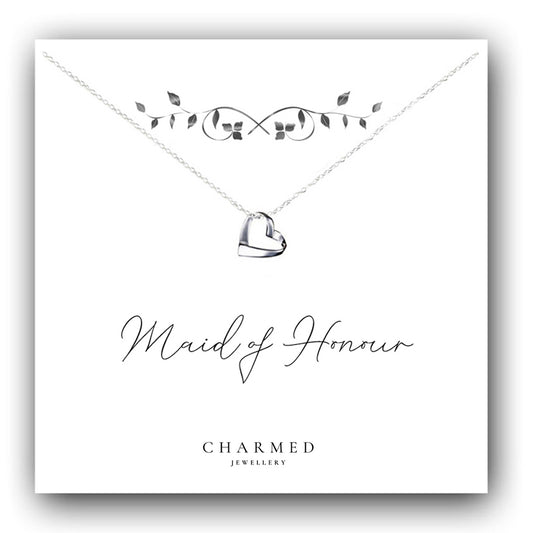 Maid of Honour Gift Ribbon Heart Necklace in Sterling Silver 925