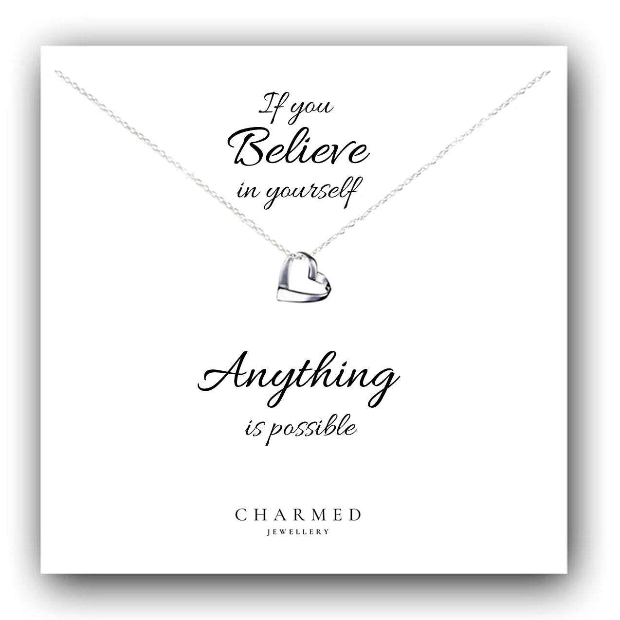 'Believe in Yourself' Inspirational Gift, Ribbon Heart Necklace in Sterling Silver 925, Personalised Jewellery