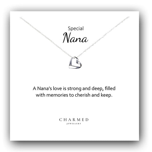 Nana Ribbon Heart Necklace in Sterling Silver 925, Personalised Gift