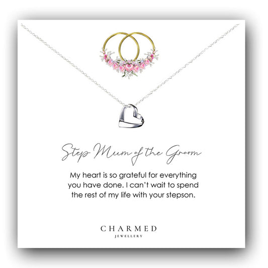 Step Mum of the Groom Gift Ribbon Heart Necklace in Sterling Silver 925 | Personalised Jewellery Wedding Gift