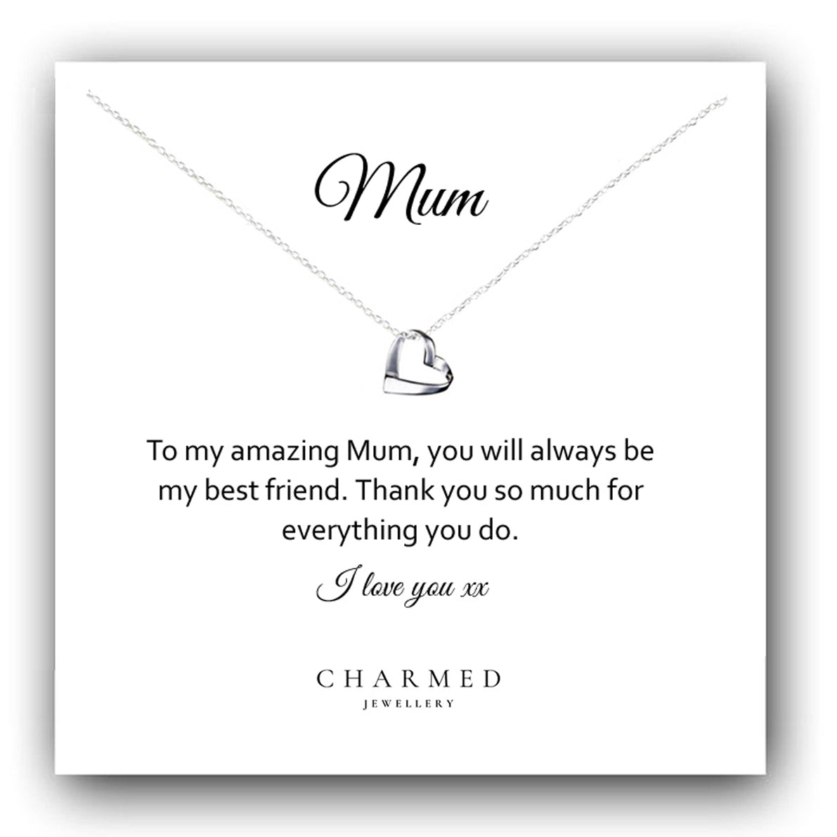 Mum Ribbon Heart Necklace in Sterling Silver 925, Personalised Gift