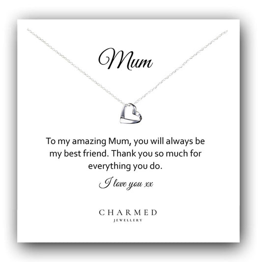 Mum Ribbon Heart Necklace in Sterling Silver 925, Personalised Gift