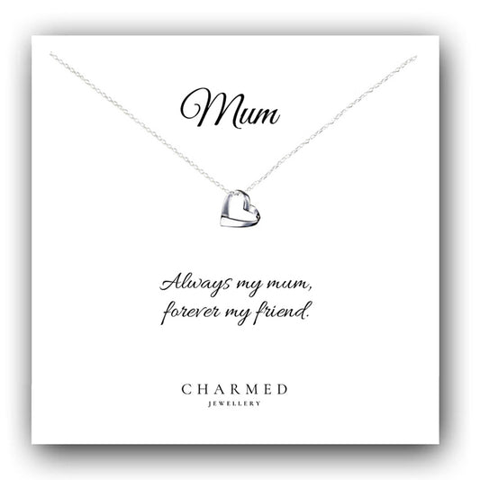 Mum Ribbon Heart Necklace in Sterling Silver 925, Personalised Jewellery Gift