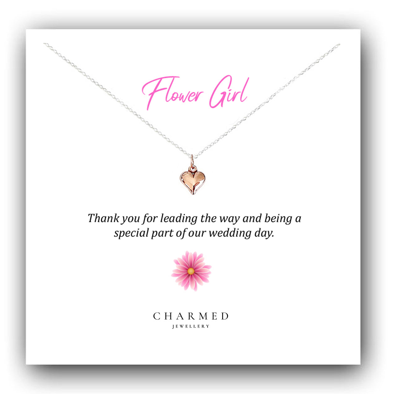 Flower Girl Rose Gold Puffy Heart Necklace in Sterling Silver 925, Personalised Gift