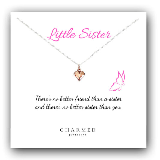 Little Sister Gift, Rose Gold Puffy Heart Necklace in Sterling Silver 925, Personalised Gift