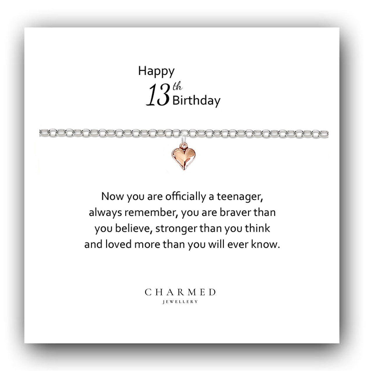 13th Birthday Rose Gold Puffy Heart Bracelet in Sterling Silver 925 - Personalised Jewellery Gift