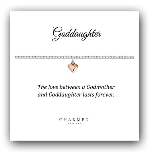 Goddaughter Rose Gold Puffy Heart Bracelet in Sterling Silver 925, Personalised Jewellery Gift
