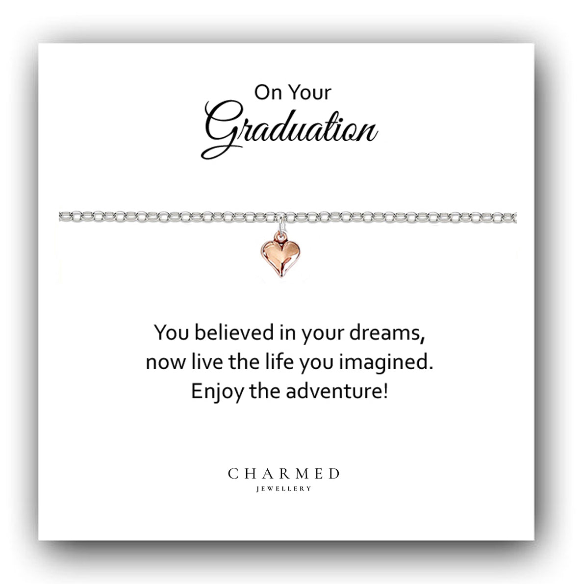 Graduation Rose Gold Puffy Heart Bracelet in Sterling Silver 925, Personalised Jewellery Gift