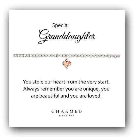 Granddaughter Rose Gold Puffy Heart Bracelet in Sterling Silver 925, Personalised Jewellery Gift