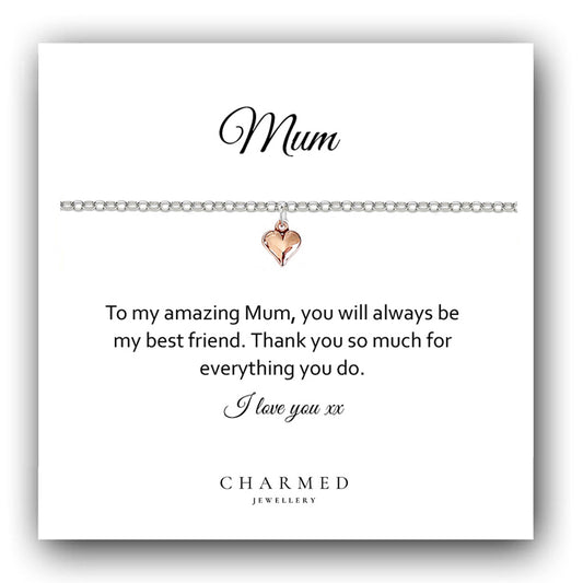 Mum Rose Gold Puffy Heart Bracelet in Sterling Silver 925, Personalised Gift