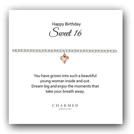 Sweet 16 Rose Gold Puffy Heart Bracelet in Sterling Silver 925, Personalised Jewellery Gift