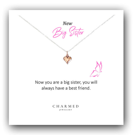 New Big Sister Gift, Rose Gold Puffy Heart Necklace in Sterling Silver 925, Personalised Jewellery Gift