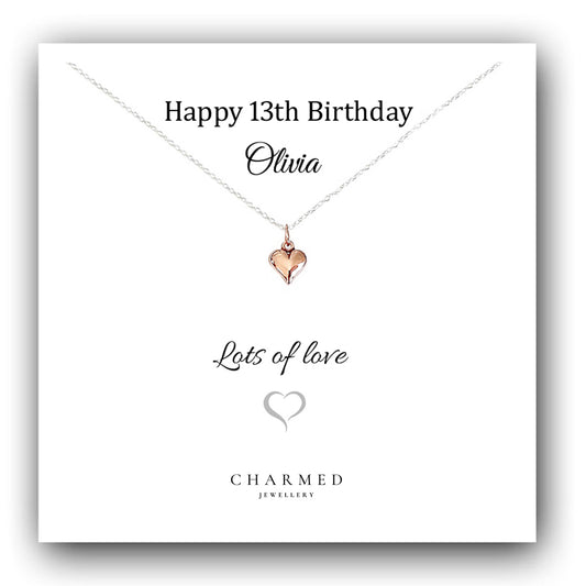 13th Birthday Rose Gold Puffy Heart Necklace in Sterling Silver 925 - Personalised Jewellery Gift
