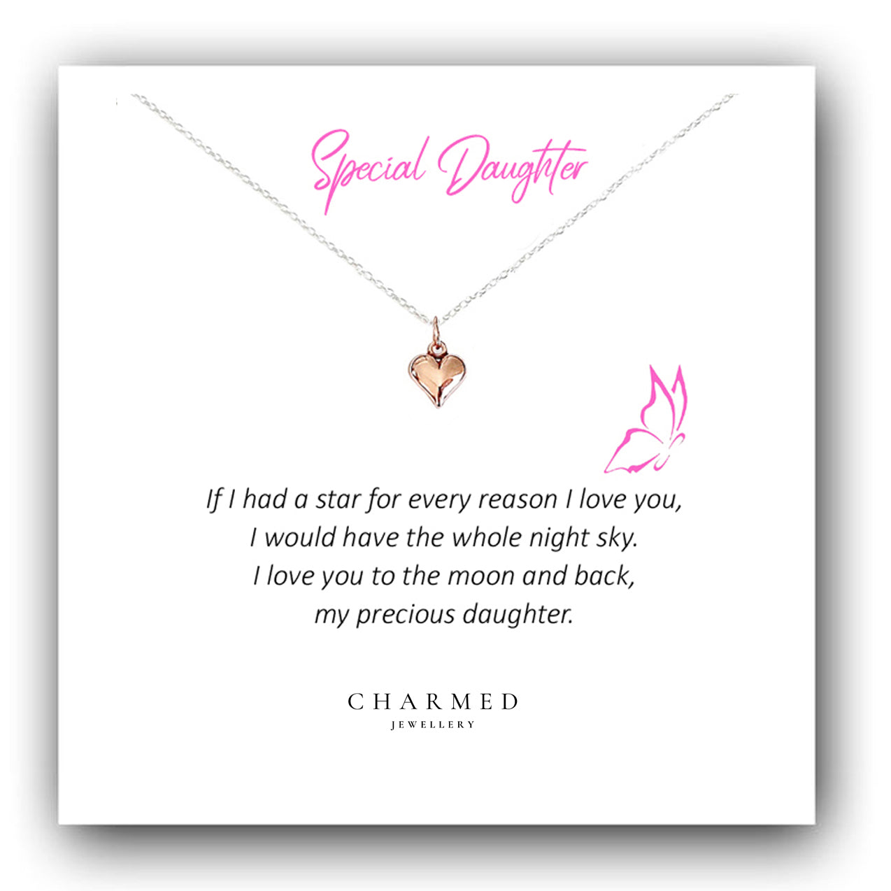 Daughter Rose Gold Puffy Heart Necklace in Sterling Silver 925, Personalised Jewellery Gift