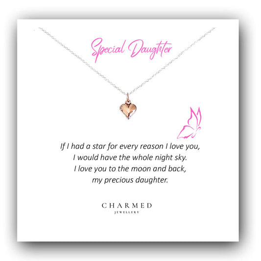 Daughter Rose Gold Puffy Heart Necklace in Sterling Silver 925, Personalised Jewellery Gift