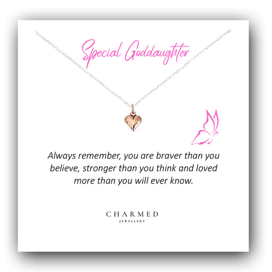 Goddaughter Gift, Rose Gold Puffy Heart Necklace in Sterling Silver 925, Personalised Gift
